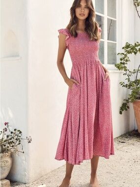 Mister Zimi Pink Floral Maxi Dress with Cap Sleeves